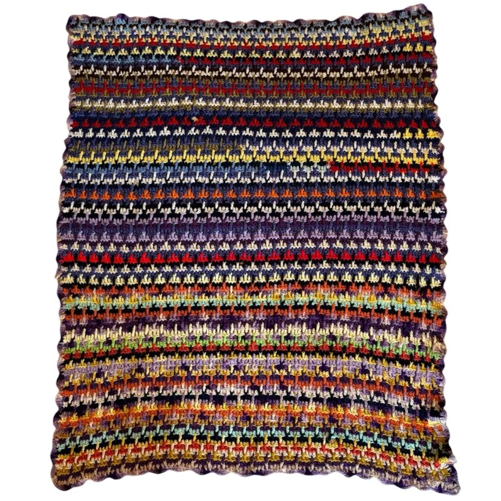 Rare Vintage 60s 70s Multicolor Crochet Afghan Psychedelic Scrappy Blanket Quilt